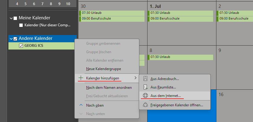 Ausschnitt aus Outlook, wo man per Rechtsklick 